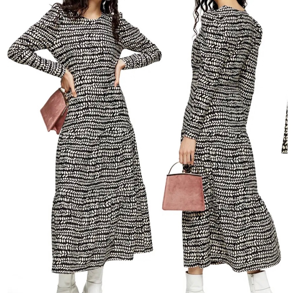 Topshop Abstract Tiered Long Sleeved Midi Dress size 8 us